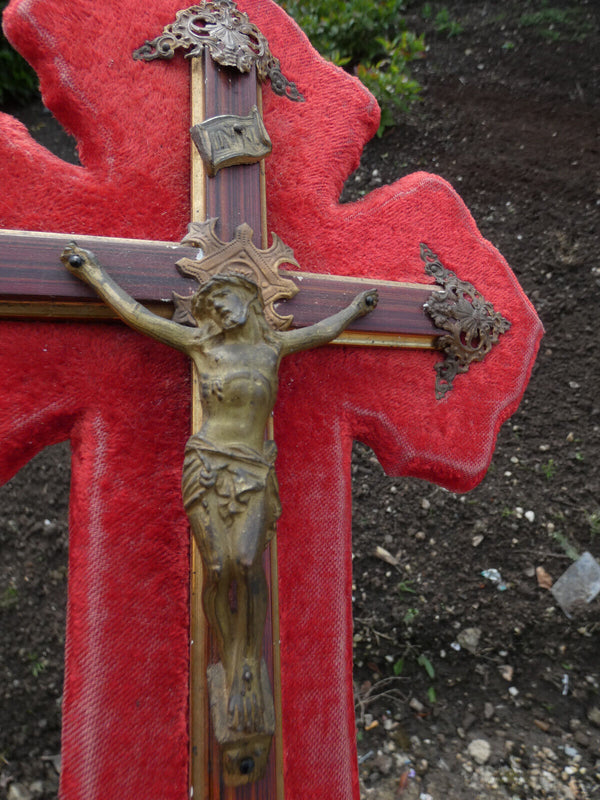 Antique French red velvet metal crucifix holy water font plaque