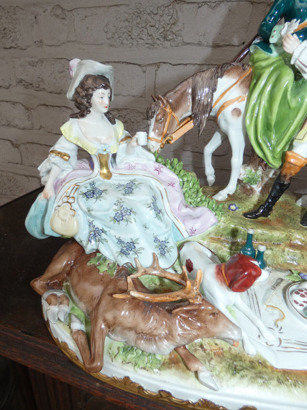 XL German scheibe alsbach marked porcelain pic nic hunt Group statue dog horse