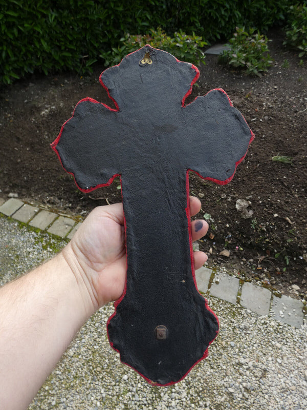 Antique French red velvet metal crucifix holy water font plaque