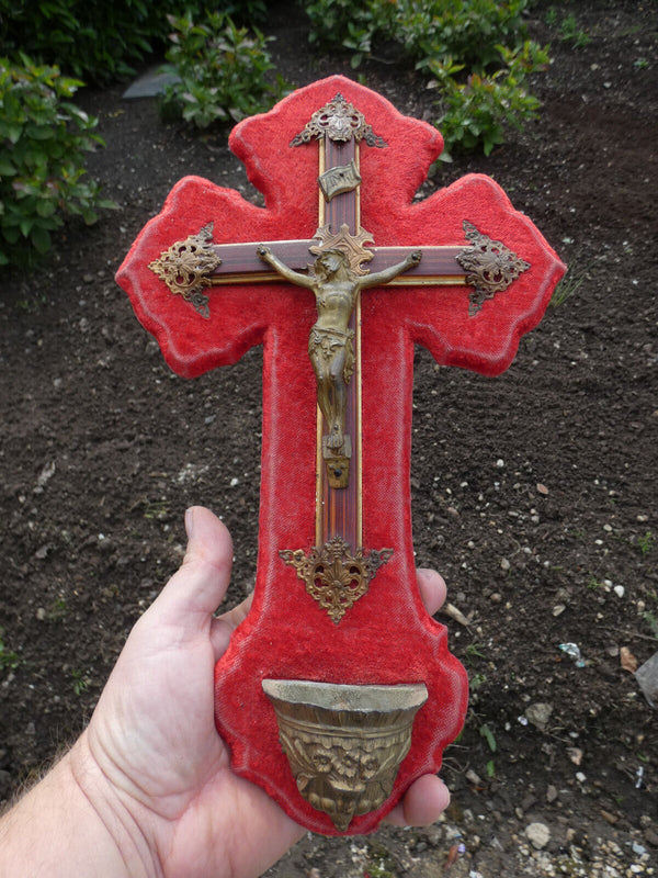 Antique French red velvet metal crucifix holy water font plaque