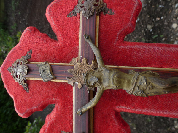 Antique French red velvet metal crucifix holy water font plaque