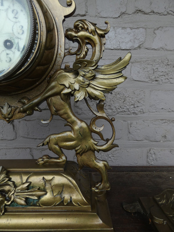 Antique French Bronze 19thc Heraldic Dragon mantel clock candle holders set rare