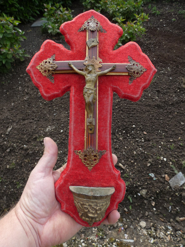 Antique French red velvet metal crucifix holy water font plaque