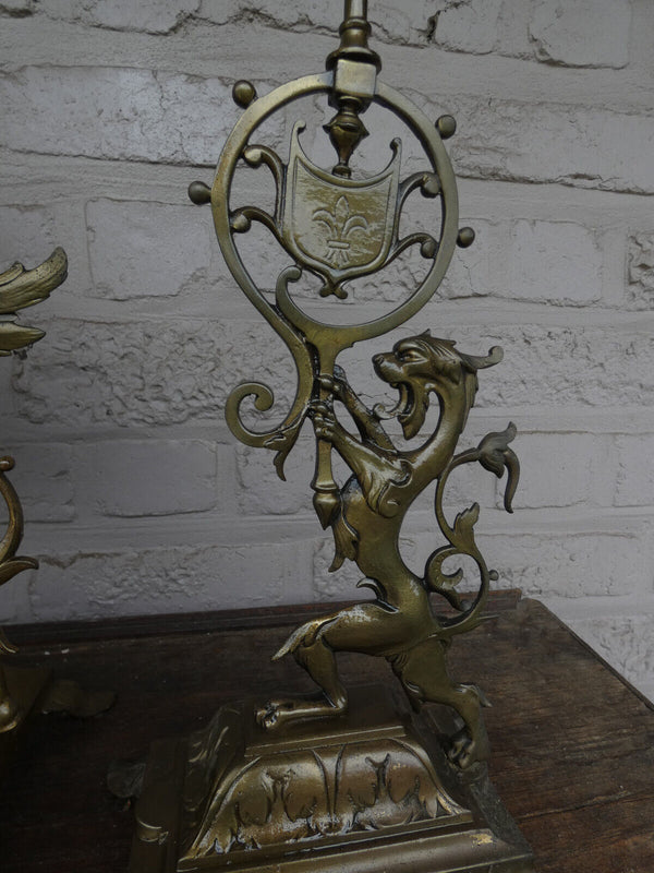 Antique French Bronze 19thc Heraldic Dragon mantel clock candle holders set rare