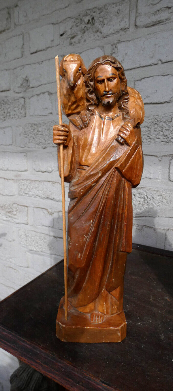 Vintage french wood carved jesus the sheperd Statue figurine religious