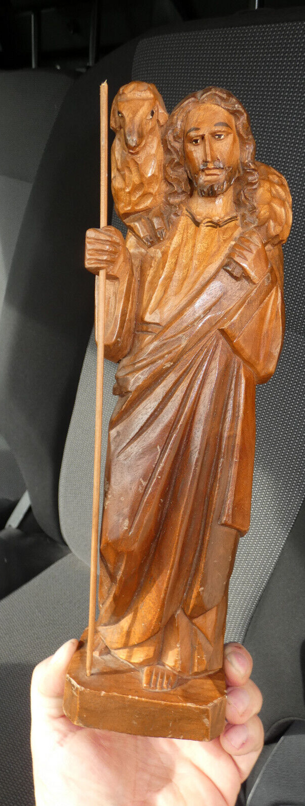 Vintage french wood carved jesus the sheperd Statue figurine religious