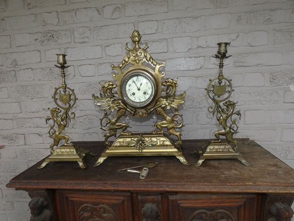 Antique French Bronze 19thc Heraldic Dragon mantel clock candle holders set rare