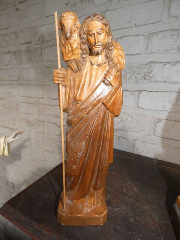 Vintage french wood carved jesus the sheperd Statue figurine religious