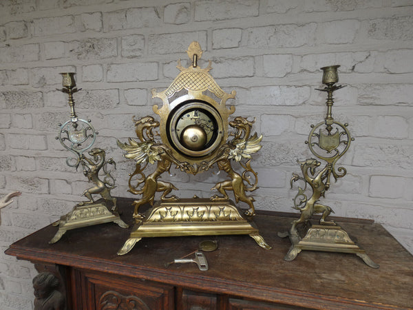 Antique French Bronze 19thc Heraldic Dragon mantel clock candle holders set rare