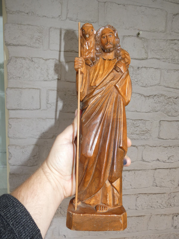 Vintage french wood carved jesus the sheperd Statue figurine religious