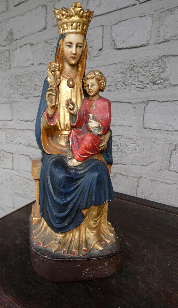 Antique french chalk statue madonna with child jesus and dove bird religious