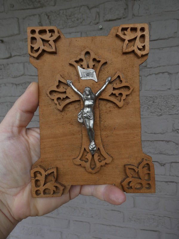 Vintage Wood cut metal crucifix plaque religious