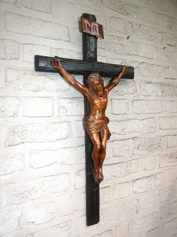 Antique Wood carved Large crucifix corpus religious cross