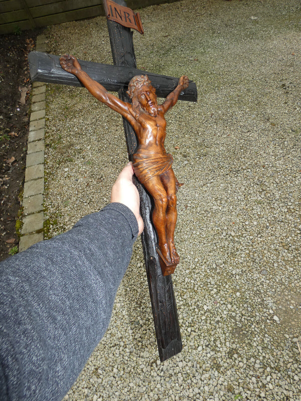 Antique Wood carved Large crucifix corpus religious cross