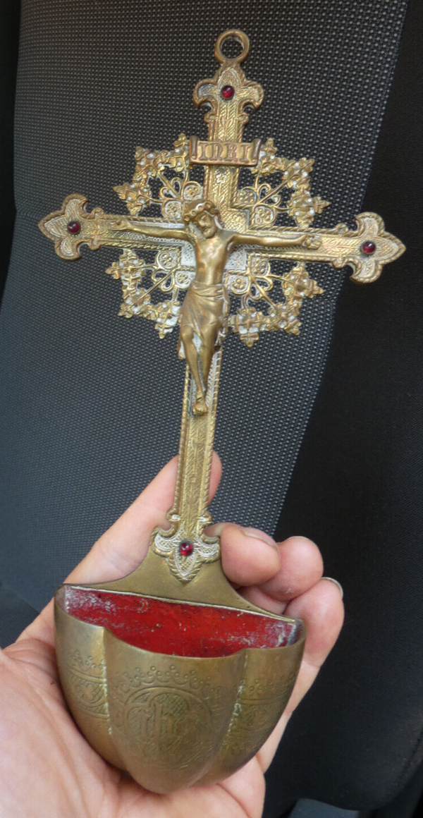 Antique Rare bronze holy water font crucifix red stones