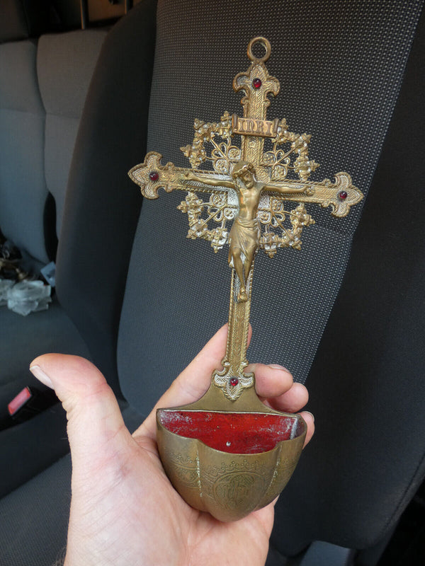 Antique Rare bronze holy water font crucifix red stones