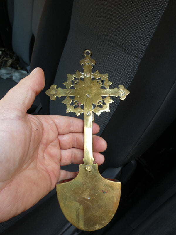 Antique Rare bronze holy water font crucifix red stones