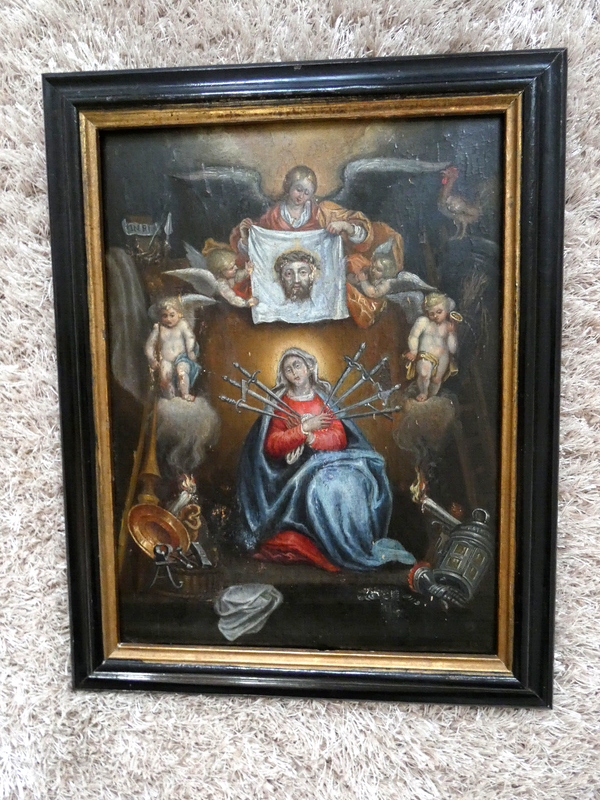 Antique top religious oil panel painting madonna 7 sorrows angels rooster rare