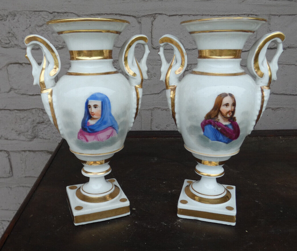 Antique pair small vieux paris porcelain portrait jesus mary Vases swan handles