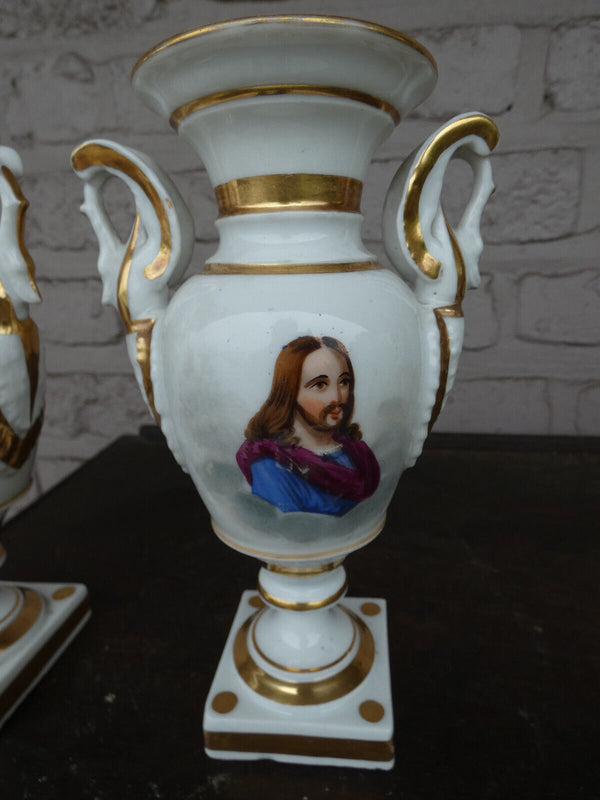 Antique pair small vieux paris porcelain portrait jesus mary Vases swan handles