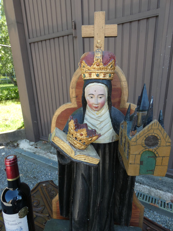 Antique 1800s Wood carved SAINT BEGGA Statue chapel niche church religious