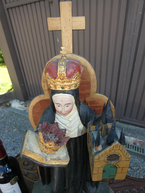 Antique 1800s Wood carved SAINT BEGGA Statue chapel niche church religious