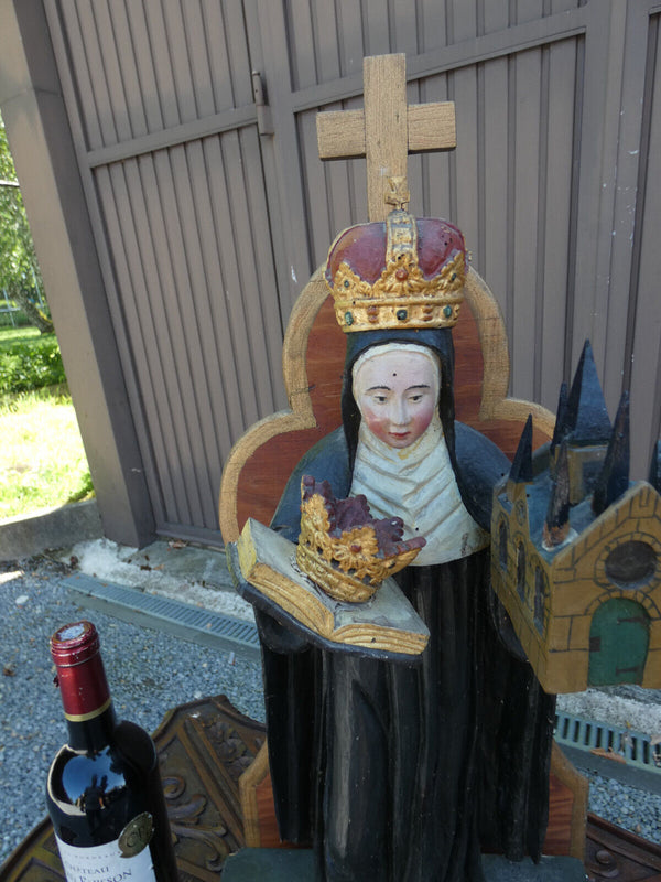 Antique 1800s Wood carved SAINT BEGGA Statue chapel niche church religious