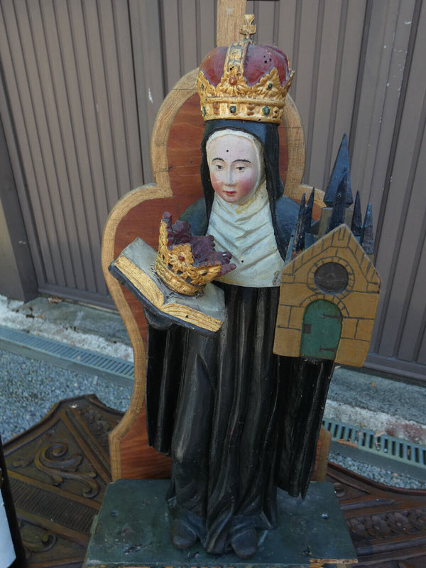 Antique 1800s Wood carved SAINT BEGGA Statue chapel niche church religious