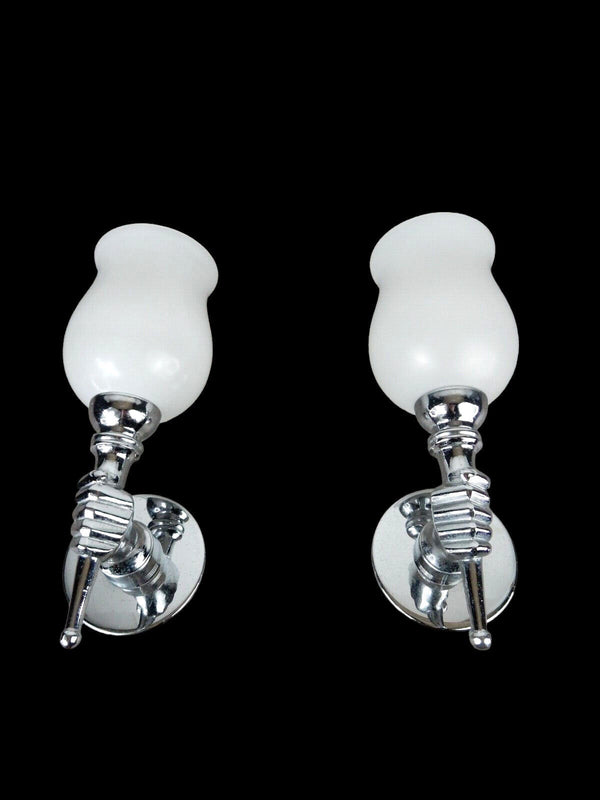 PAIR vintage 70s Metal chrome Glass opaline hand wall lights sconces rare set