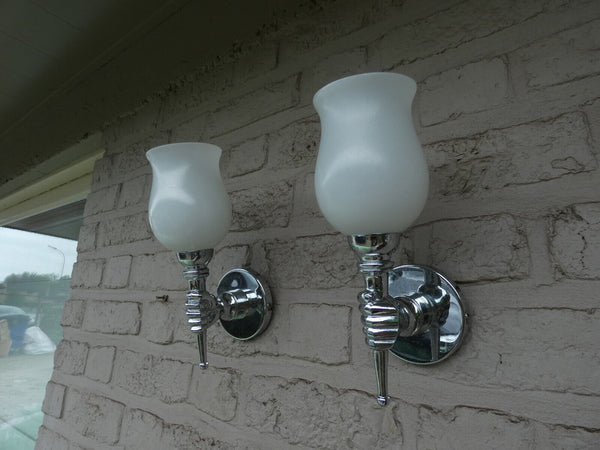 PAIR vintage 70s Metal chrome Glass opaline hand wall lights sconces rare set