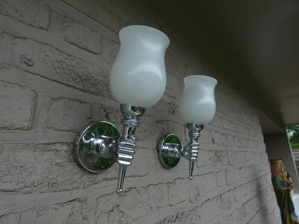 PAIR vintage 70s Metal chrome Glass opaline hand wall lights sconces rare set