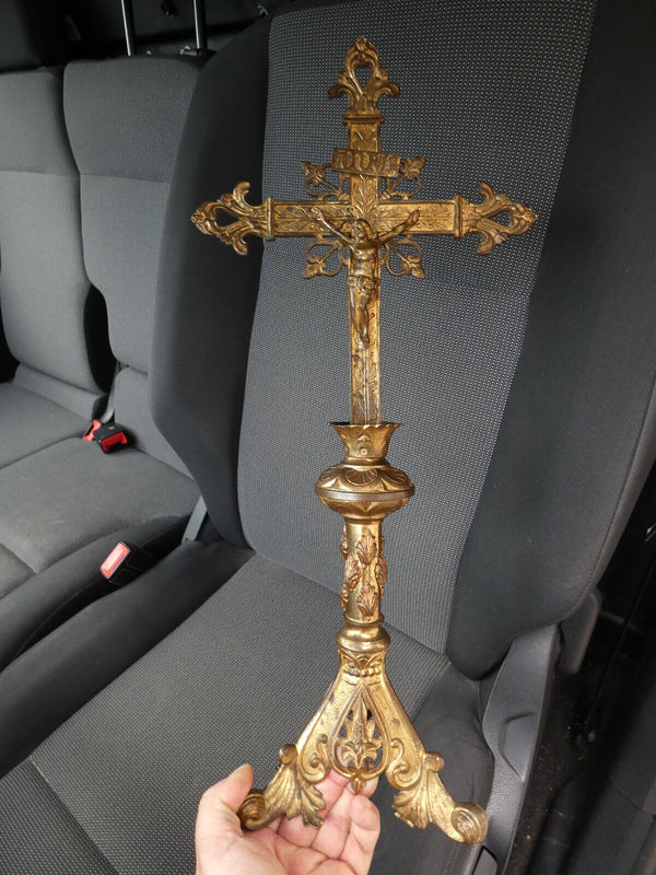 Antique french rare brass crucifix religious