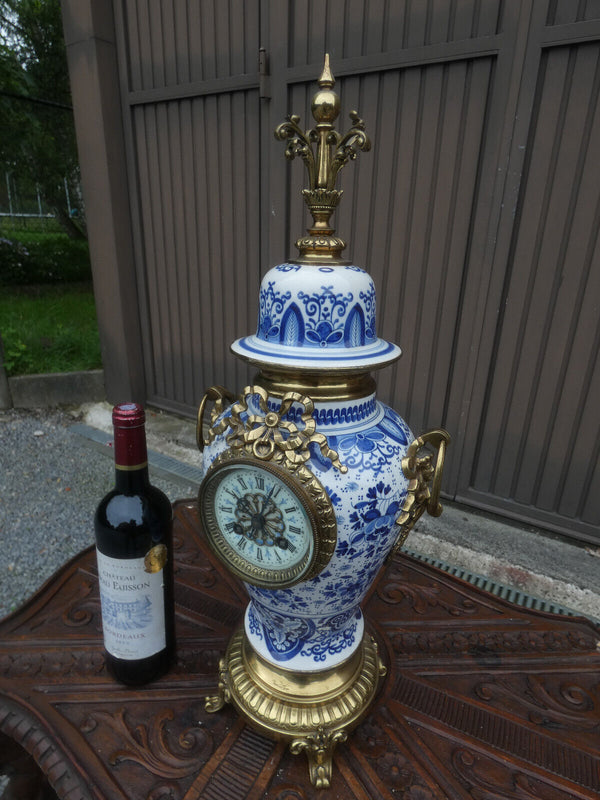 Antique Boch blue white pottery mantel clock brass putti angels decor