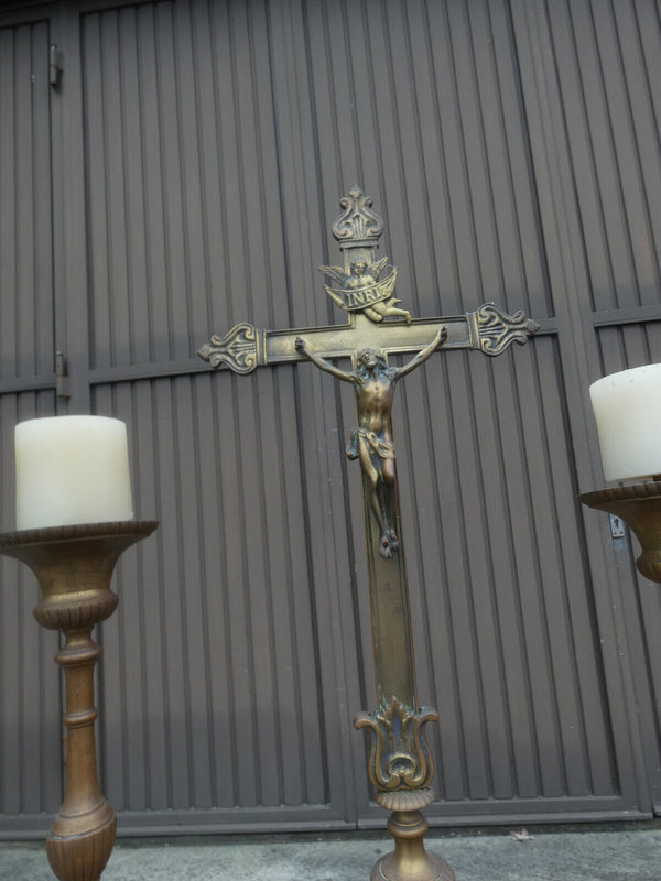 Antique XL 19thc Religious bronze altar set candlesticks crucifix putti angels