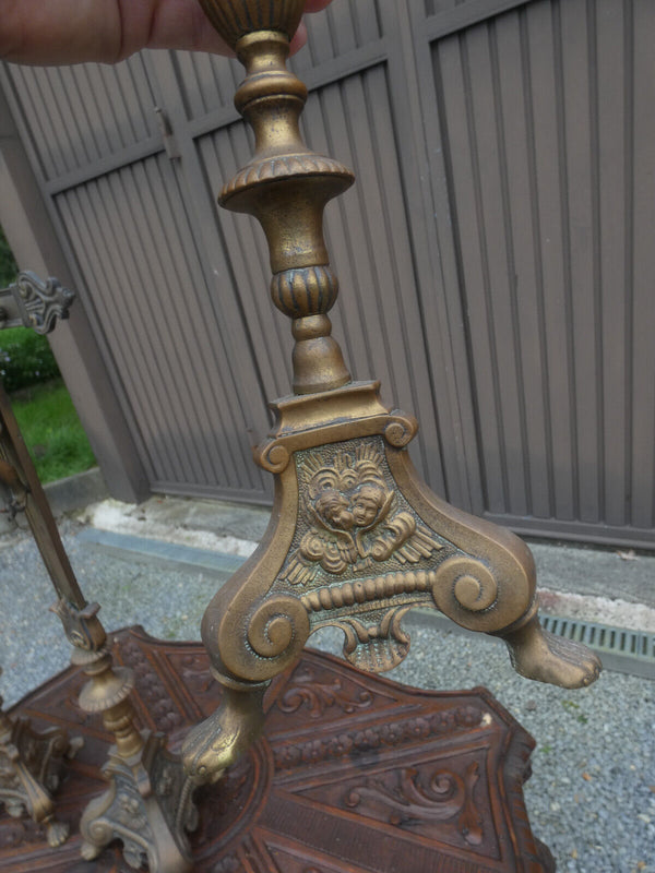 Antique XL 19thc Religious bronze altar set candlesticks crucifix putti angels