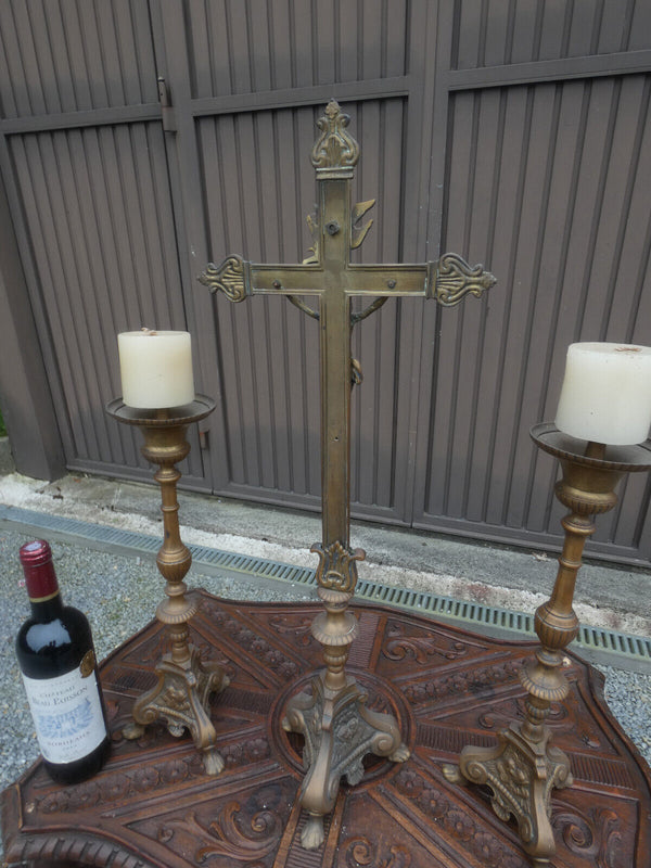 Antique XL 19thc Religious bronze altar set candlesticks crucifix putti angels