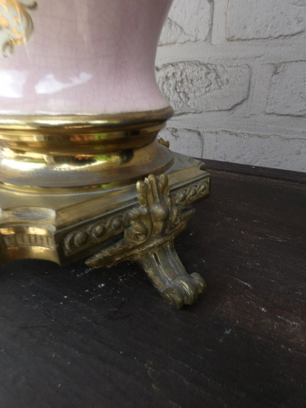 Antique 19thc pink faience putti cherub decor mantel clock ram heads brass