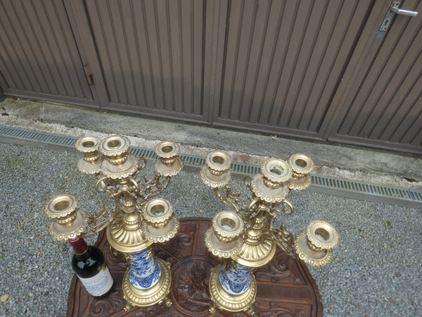 Antique Boch blue white delft  pottery  brass angels dragons Candelabras rare