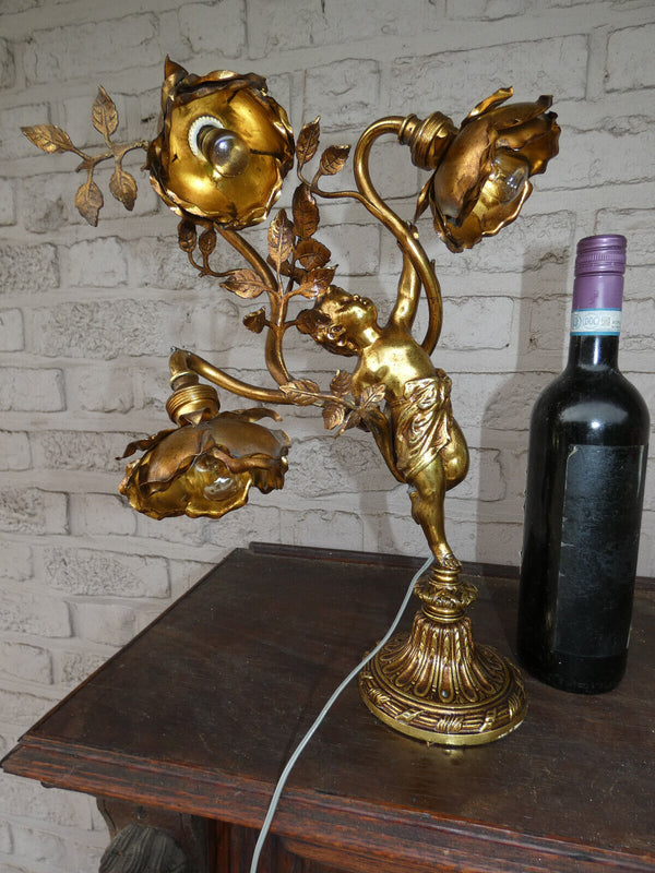 Antique Bronze putti cherub table lamp floral decor