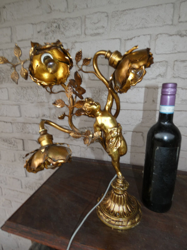 Antique Bronze putti cherub table lamp floral decor