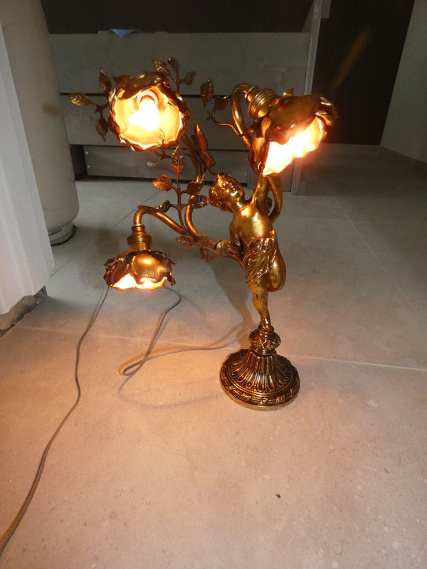 Antique Bronze putti cherub table lamp floral decor