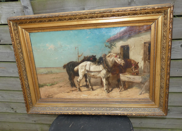 Antique Belgian Henry Schouten oil canvas horses painting signed