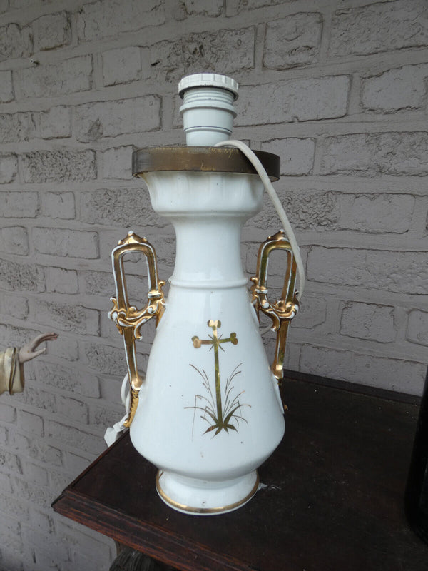 Antique French paris porcelain religious Maria Monogram Table lamp crucifix back