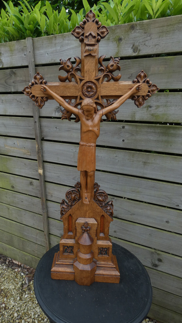 Antique XL 34"  Flanders Wood carved crucifix cross religious rare