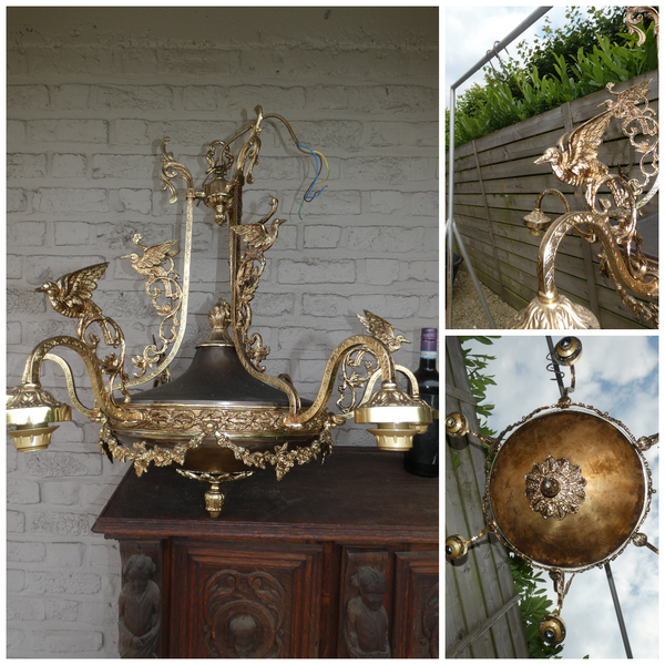 Stunning French Chandelier lamp birds decor empire style 1960s brass