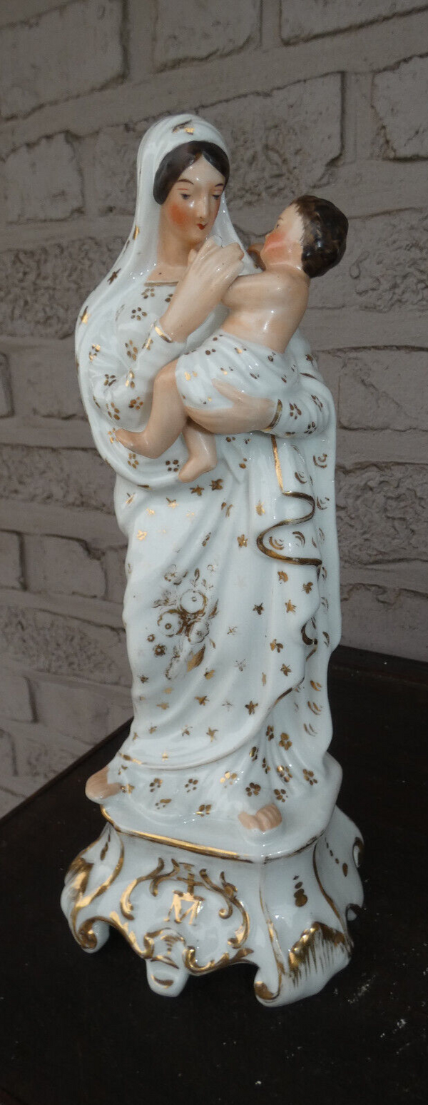 Antique french vieux paris porcelain madonna with child statue figurine