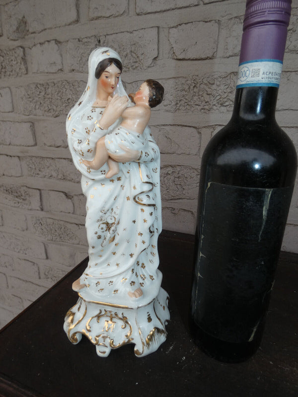 Antique french vieux paris porcelain madonna with child statue figurine