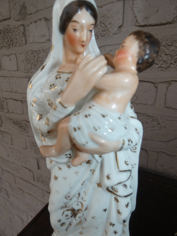 Antique french vieux paris porcelain madonna with child statue figurine