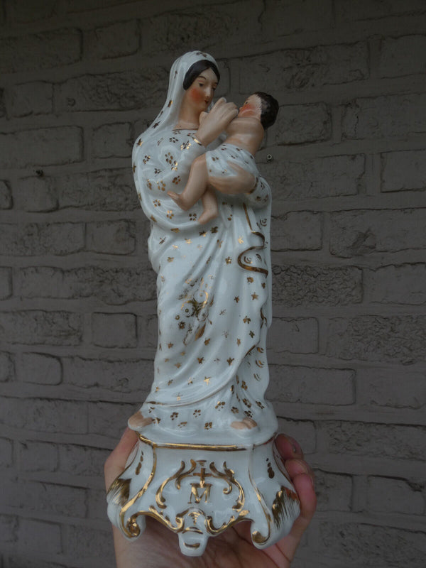 Antique french vieux paris porcelain madonna with child statue figurine