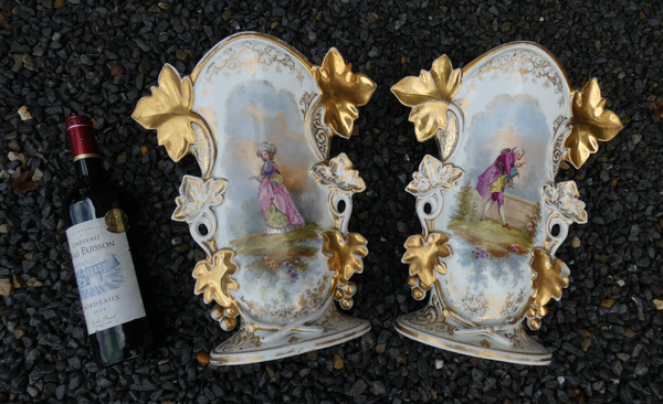 PAir antique french vieux paris porcelain hand paint Vases